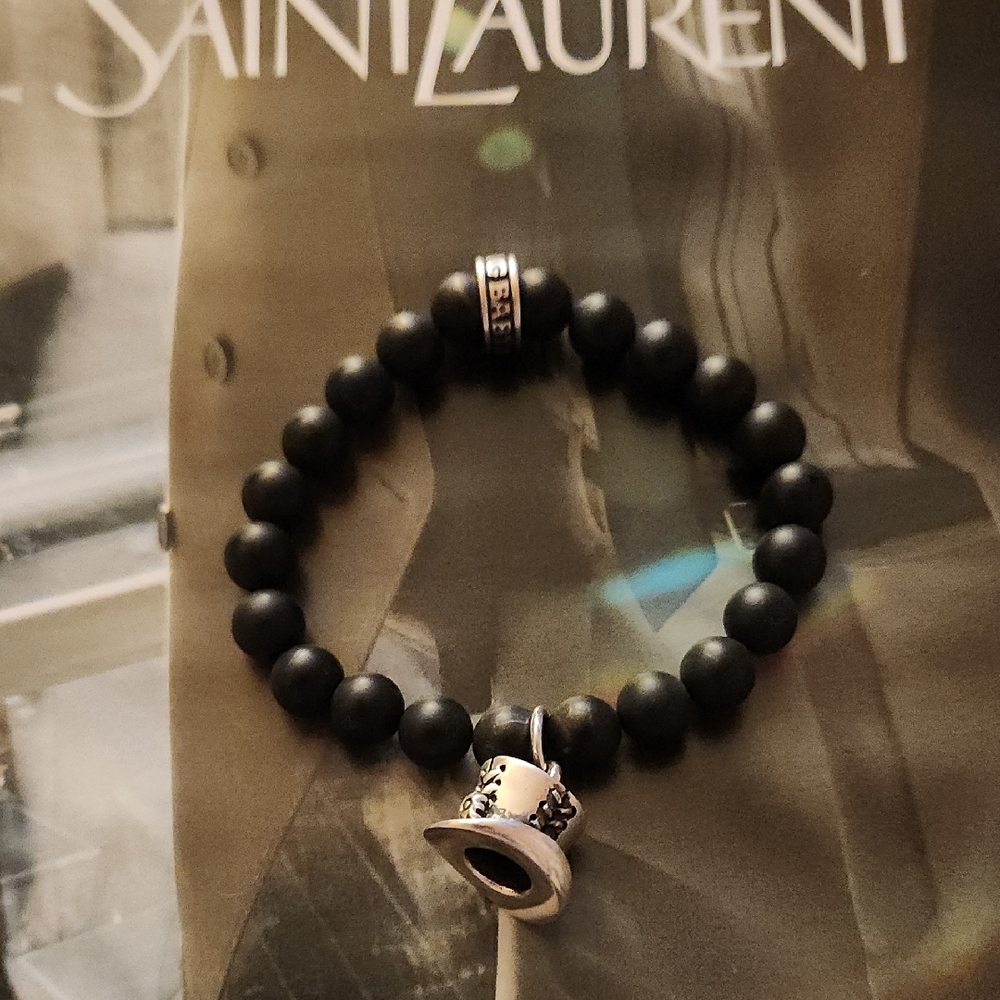 King Baby Black Beaded Bracelet with Silver Top Hat Charm